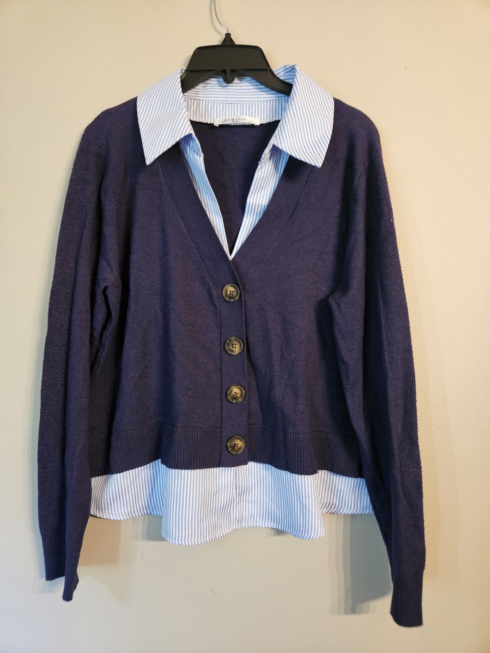 Sioni Navy Cardigan with Blue and White Striped Shirt Detail